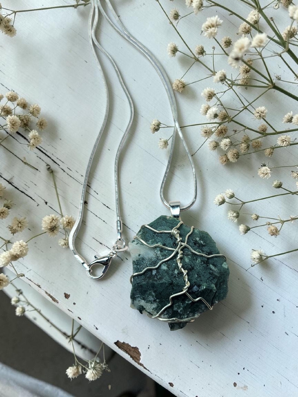 Handcrafted Green Moss Agate Pendant Necklace – Silver Wire Wrap